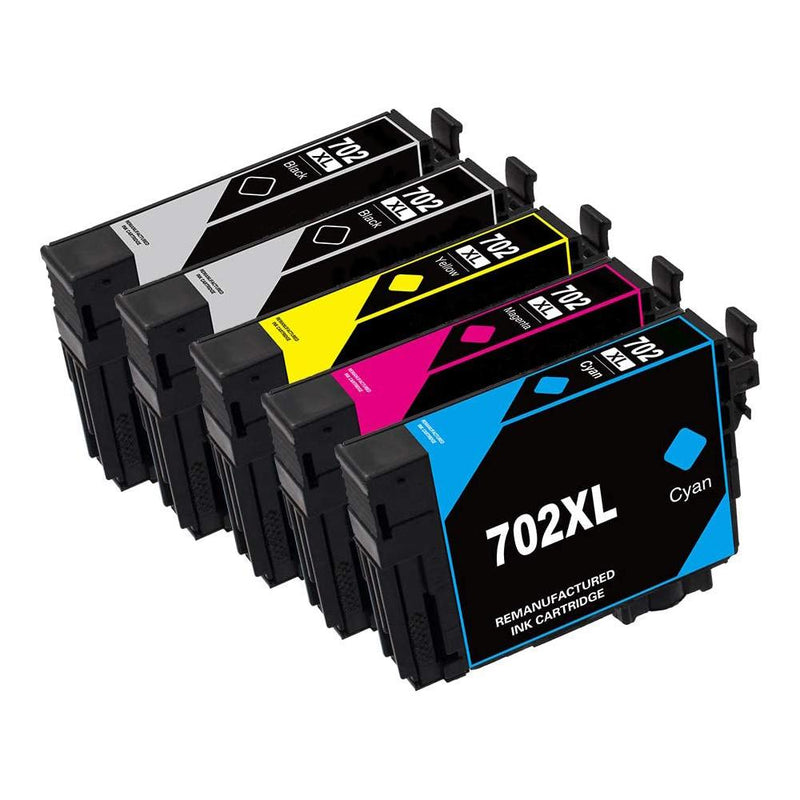 5 Pack Re-manufactured Epson 702XL (T702XL, T702, 702) Ink Cartridges (2 Black, Cyan, Magenta, Yellow) - Wompy Ink Supply