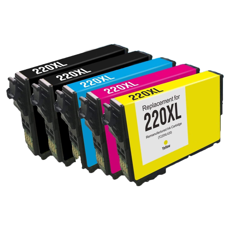 5 Pack Re-manufactured Epson 220XL (T220XL, T220, 220) Ink Cartridges (2 Black, Cyan, Magenta, Yellow) - Wompy Ink Supply