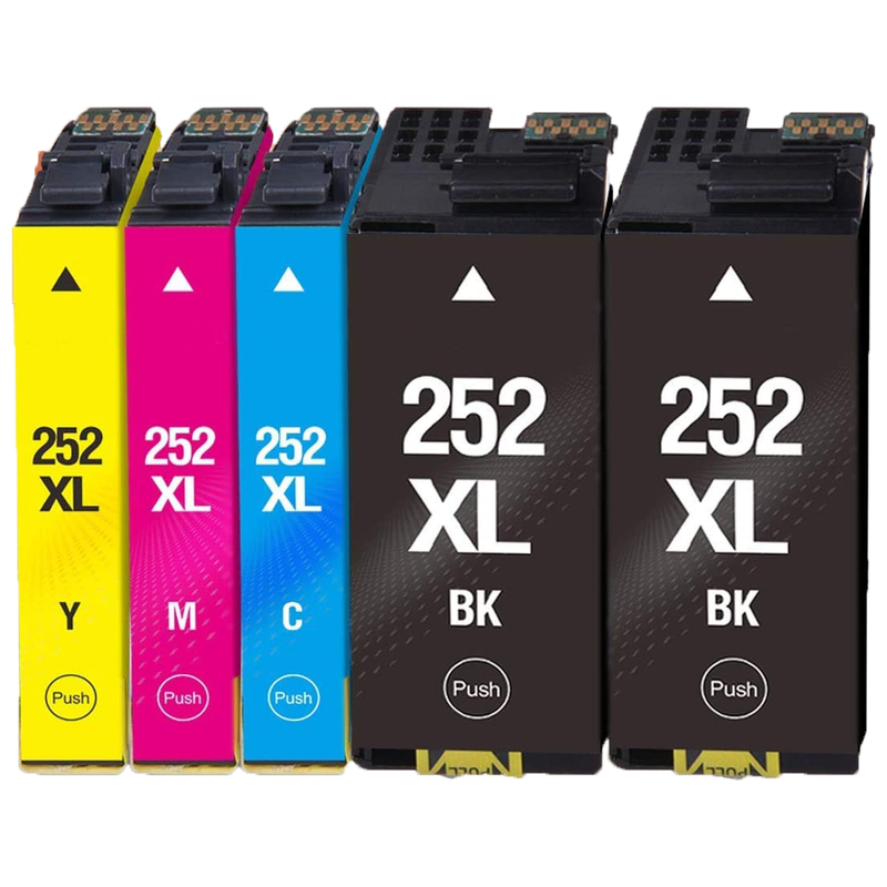 5 Pack Re-manufactured Epson 252XL (T252XL, T252, 252) Ink Cartridges (2 Black, Cyan, Magenta, Yellow) - Wompy Ink Supply