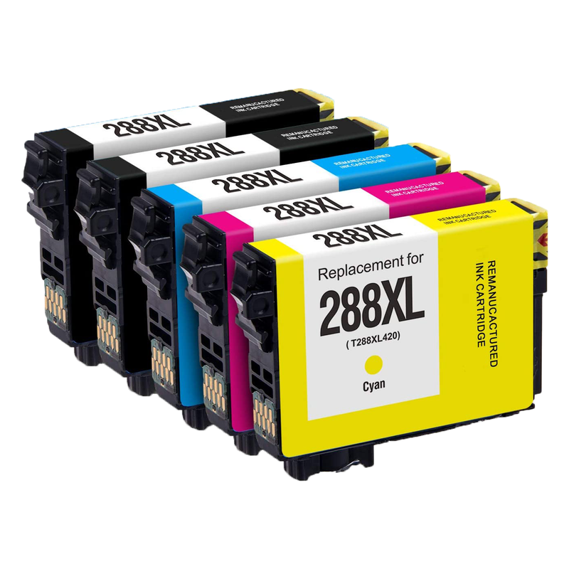 5 Pack Re-manufactured Epson 288XL (T288XL, T288, 288) Ink Cartridges (2 Black, Cyan, Magenta, Yellow) - Wompy Ink Supply